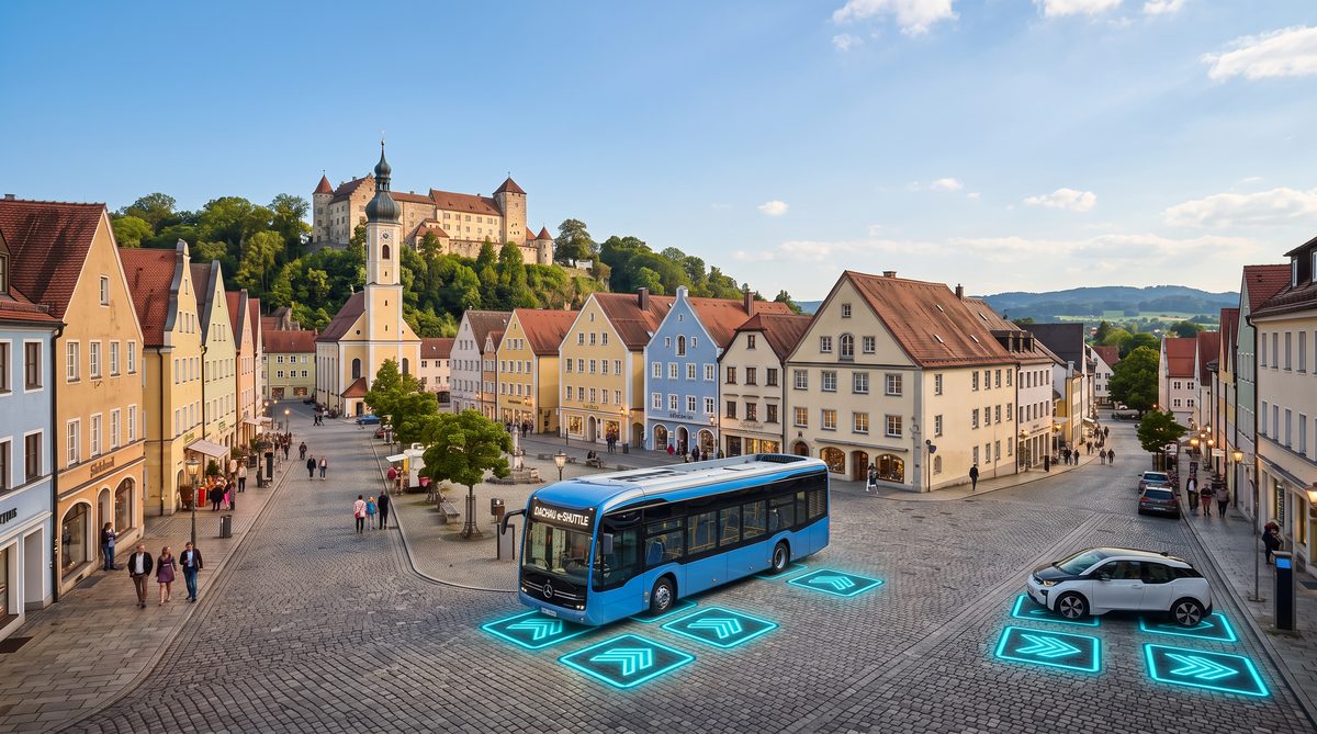 WibiCharge wireless charging arrows glowing beneath a Dachau e-Shuttle bus in the historic town square