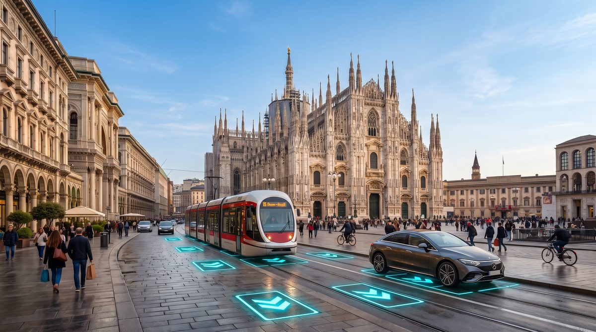 WibiCharge wireless charging arrows glowing beneath a tram and car in front of Milan Cathedral
