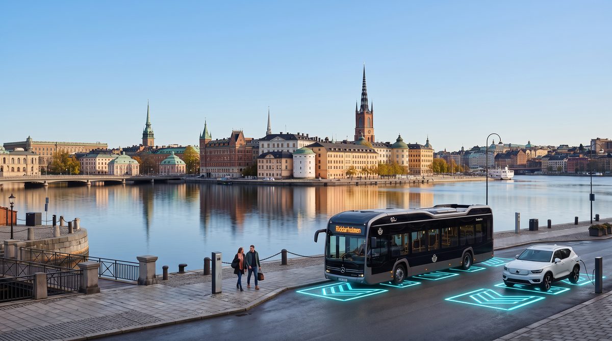 WibiCharge wireless charging pads glowing beneath a bus and car on the Stockholm waterfront