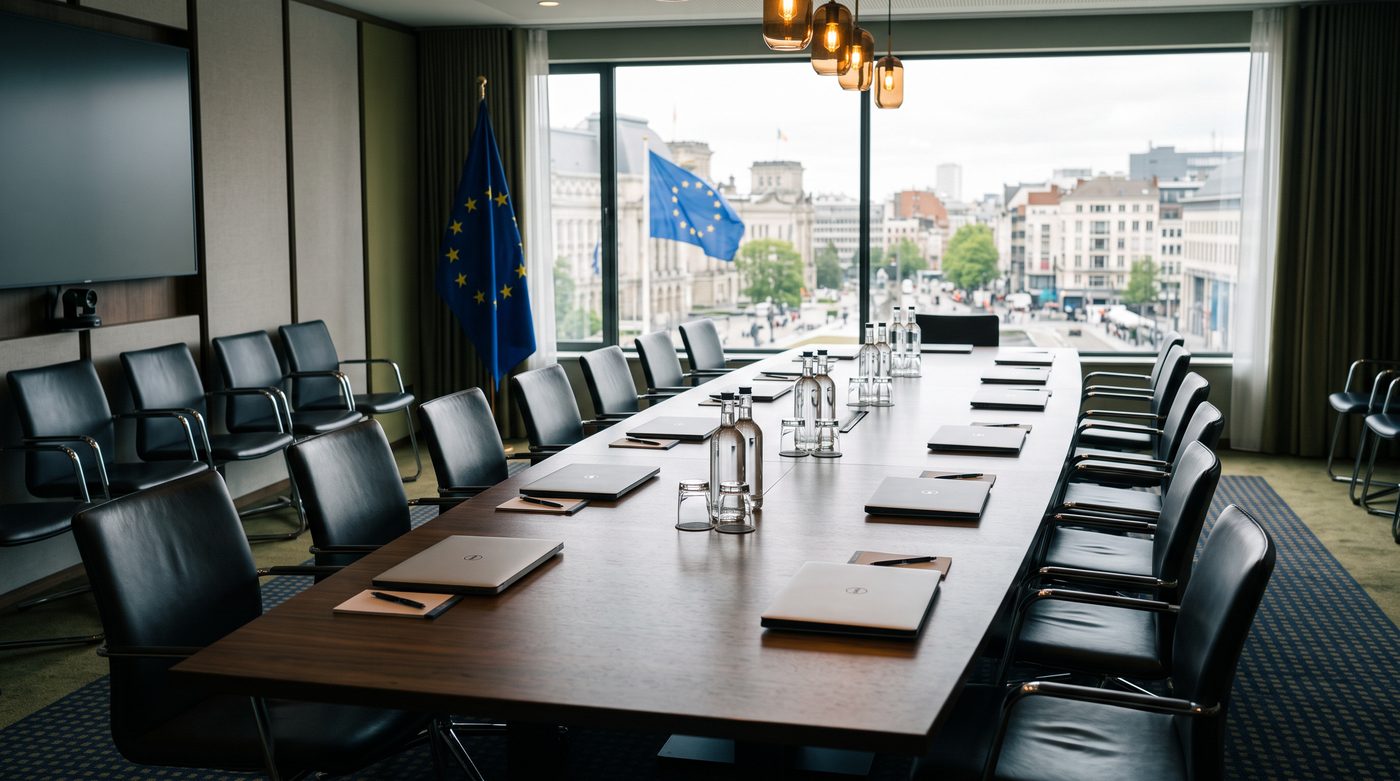 A boardroom in Brussels with EU flags, overlooking the city, where WiBiCharge officially launched