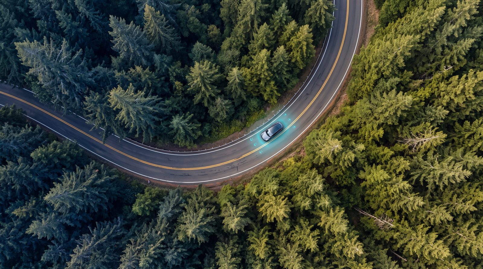 Aerial view of a WibiCharge-connected electric vehicle navigating a forest road, illustrating the vehicle as a connected energy asset