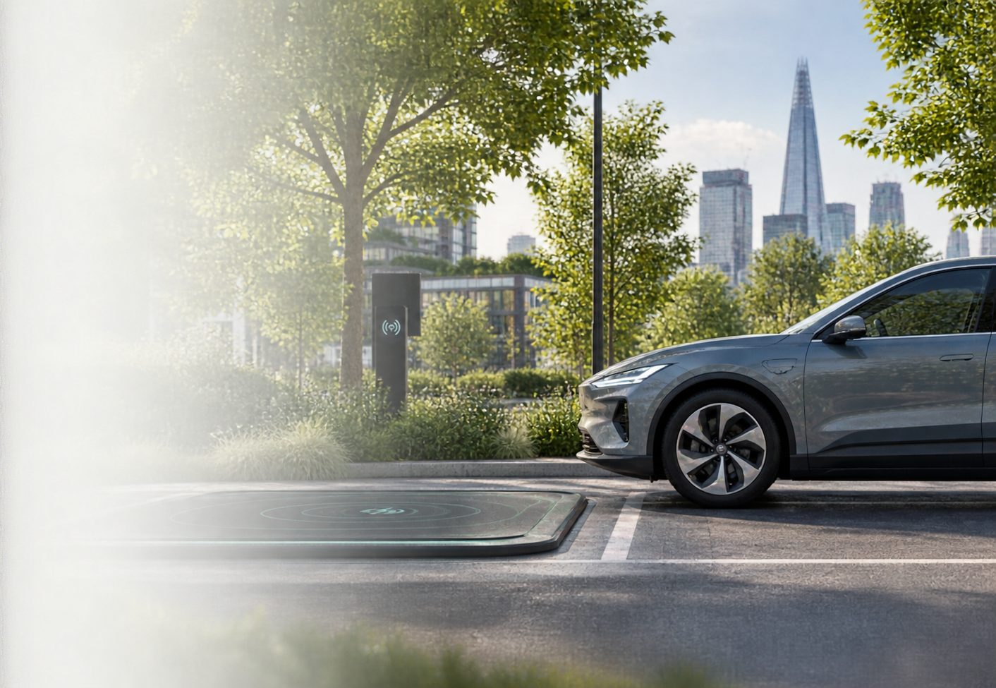 WibiCharge wireless EV charging pad in a tree-lined city street, with an electric car parked over it and the London skyline behind